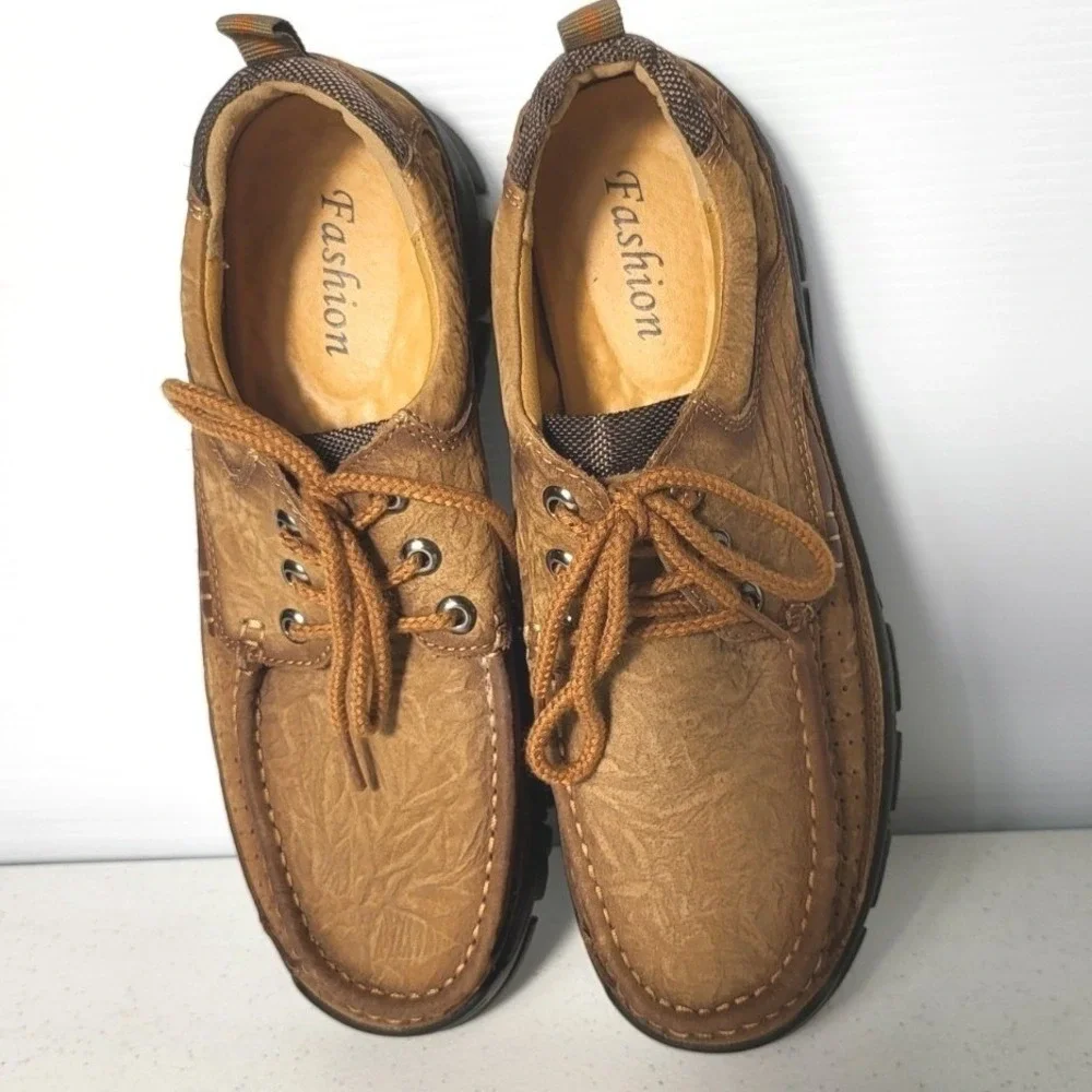 Fashion Mens Brown Textured Leather Moc Toe Oxford Hiking Shoes Lug Sole Brown